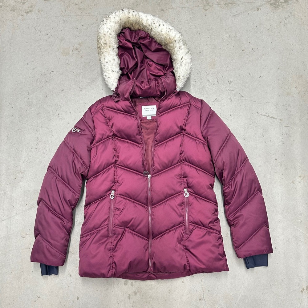 Nautica Womens Puffer Jacket Burgundy Wine Faux Fur Hood Chevron Quilted Large